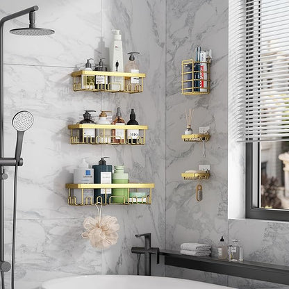 Veken Adhesive Shower Caddy 6-Pack,Gifts for Women Mom,Heavy Weight Bearing,Large Wall Mounted Bathroom Shelves Rack,Organizer Storage Accessories with Soap Dish&Toothbrush Holder,Bright Gold