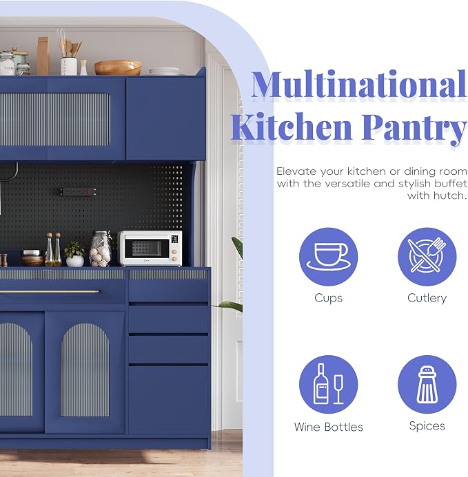 VilroCaz Freestanding Large Kitchen Pantry, Wooden Kitchen Large Coffee Bar Storage Cabinet with 6 Drawers, 5 Cabinets with Adjustable Shelves, Pegboard, Towel Rack, Power Outlet