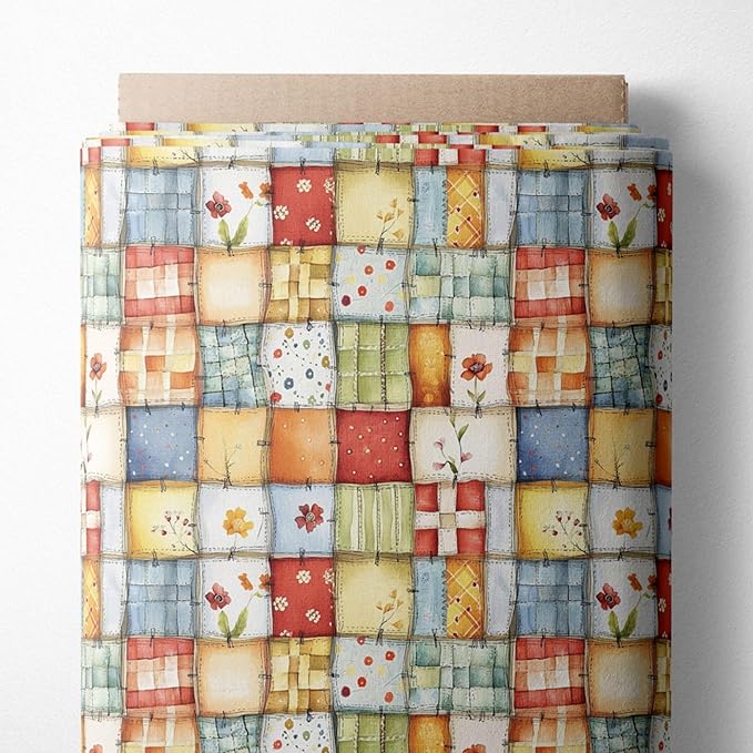 Patchwork Cotton Fabric Panel 61 x 36.6 Inches, Floral Quilt Style Squares, Soft Multicolor Design, 100% Cotton 140 GSM, Sewing Quilting Fabric