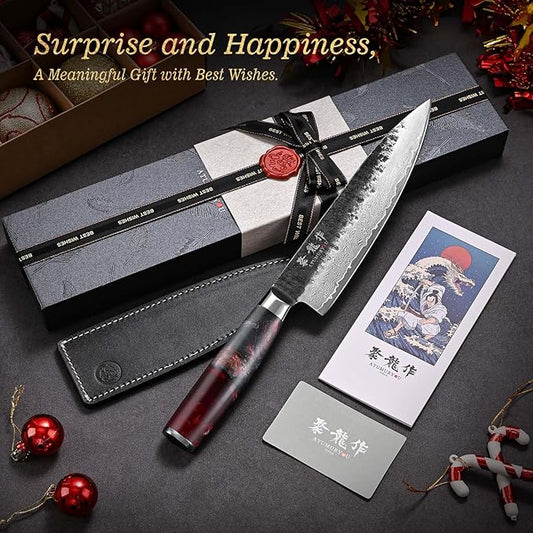 Japanese Chef Knife, 8 Inch VG10 Damascus Kitchen Knife, Professional Black Forged Kitchen Knives with Red Ergonomic Handle, Leather Sheath & Luxury Gift box, Perfect Birthday Gifts for Women Mom