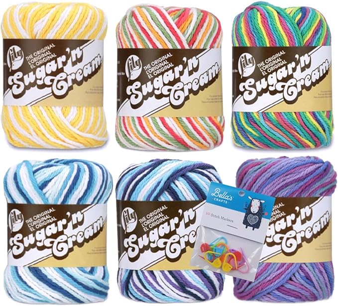 Lily Sugar'n Cream 100% Cotton Yarn 6-Pack Bundle with Bella's Crafts Stitch Markers (Ombre Fun Mix)