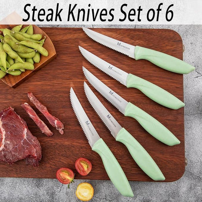 Green Knife Set, 15 Pcs Kitchen Knife Set with Block,High Carbon German Stainless Steel Knife Block Set with Magi-Grip Handle,Hand wash Safe Knives Set