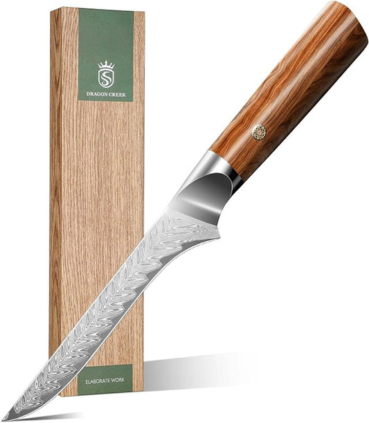 Dragon Creek Damascus Deboning Boning Knife for Meat Cutting Slicing Trimming Fish Fillet Knife Birthday Gift for Mom or Dad 5.5" Stainless Steel