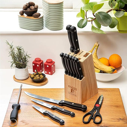 Moss & Stone 14 Pcs Knife Block Set Stainless Steel, Premium Forged Kitchen Knives Set with High-Carbon Blades, Ergonomic Handle, Sharp Blade, Rust Resistant, Modern Style for Home & Chef, Black