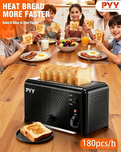 PYY Professional Commercial 6 Slice Toaster - 1800W Stainless Steel Heavy Duty Toaster, 6 Browning Levels, 1.1" Wide Slots, Removable Crumb Tray for Bagels Bread Waffles (Commercial & Home Use), Black