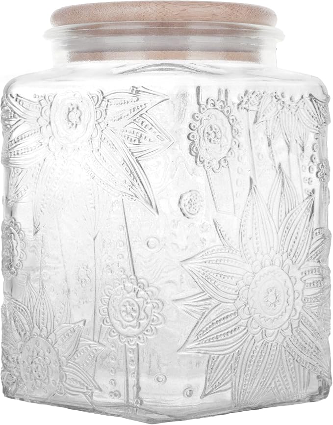 Custde Glass Storage Jars With Airtight Lid, 23.7oz Canister For Kitchen Counter with Bamboo Lid, brown sugar, candy, coffee, cookie, salt, tea,pantry cute Jar (Square Sunflower)