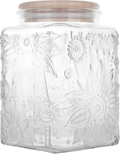 Custde Glass Storage Jars With Airtight Lid, 23.7oz Canister For Kitchen Counter with Bamboo Lid, brown sugar, candy, coffee, cookie, salt, tea,pantry cute Jar (Square Sunflower)
