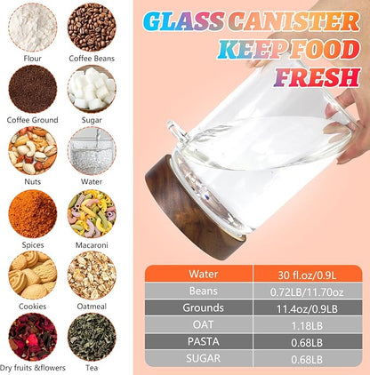 Glass Jars with Airtight Lid Scoop 30oz, Glass Coffee Ground Jar Container Round Clear Glass Storage Canister for Bean Spice Pantry Sugar Tea Seasoning Cookies Candy Chocolate (900ml(30oz)-1 Pack-B)