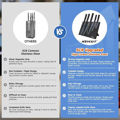 6 Pieces Knife Set with Foldable Magnetic Knife Block, Japanese Knife Sets, High-Grade 5CR Stainless Steel Chef Knives Sets with Wood Block, Professional Chef's Knife Set