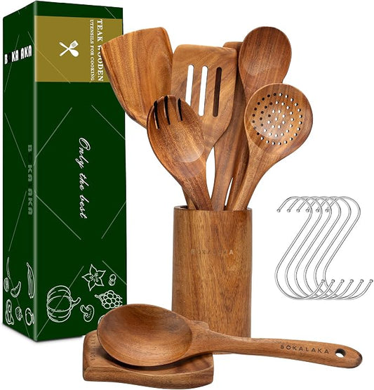 Wooden Spoons for Cooking, 9Pcs Natural Teak Wooden Utensils for Cooking Wooden Kitchen Utensils Set and Holde Cooking Utensils Set(9 Pcs)