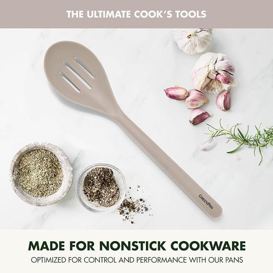 GreenPan Silicone Slotted Spoon, Cooking Kitchen Utensil, Mixing Stirring Serving, Flexible Rubber Nonstick Cookware, Rigid Steel Core Heat-Resistant, Anti-Slip Handle, BPA-Free Dishwasher Safe, Taupe
