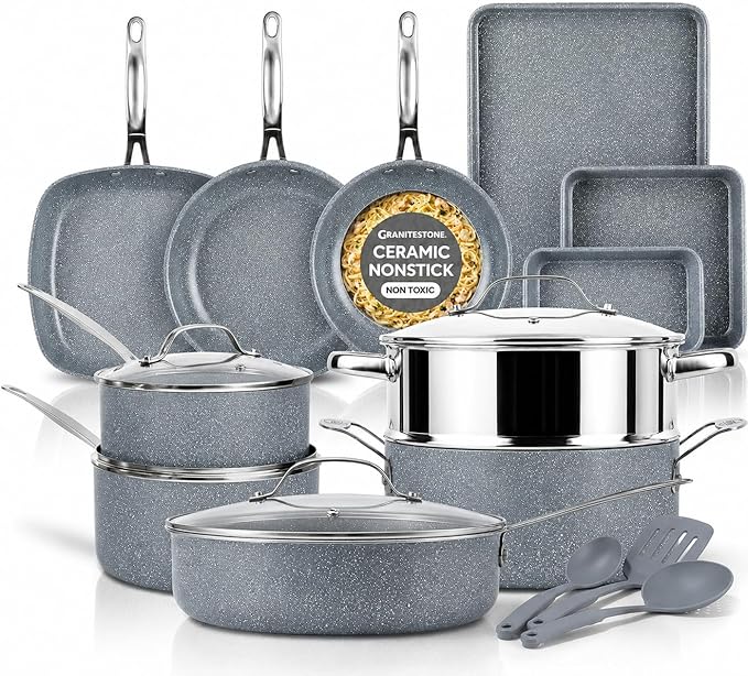 20 Pc Pots and Pans Set Nonstick - Granitestone Ceramic Cookware Set Induction Compatible with Bakeware, Utensils & Steamer, Non Toxic PFOA PFOS PFAS PTFE Free, Oven Safe to 500°F Dishwasher Safe Gray