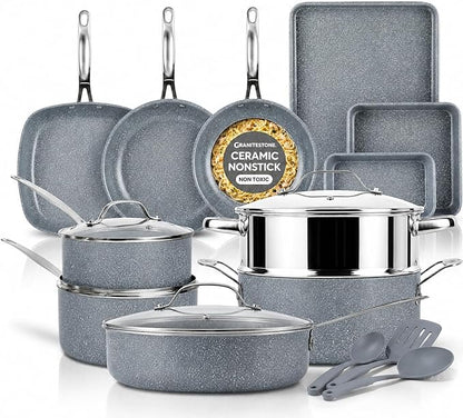 20 Pc Pots and Pans Set Nonstick - Granitestone Ceramic Cookware Set Induction Compatible with Bakeware, Utensils & Steamer, Non Toxic PFOA PFOS PFAS PTFE Free, Oven Safe to 500°F Dishwasher Safe Gray