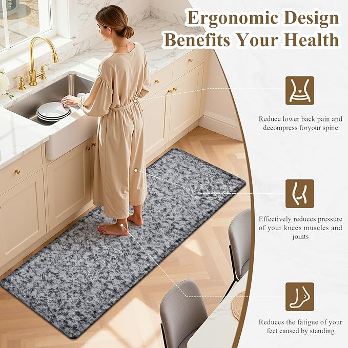 HEBE Kitchen Mat Cushioned Anti Fatigue Comfort Floor Mat 20"x60" Waterproof Non Slip Kitchen Rug Runner Laundry Room Rug Floor Carpet Heavy Duty Comfort Standing Mat Pads,Silver Grey