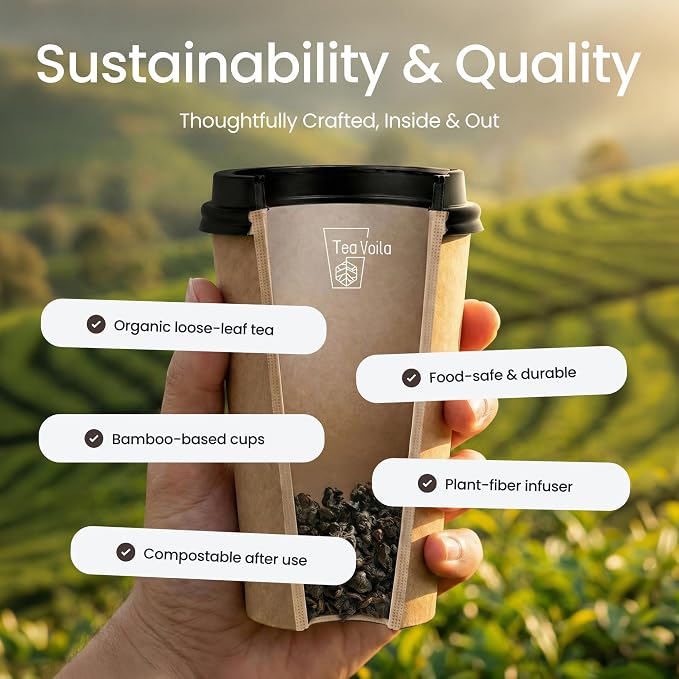 TeaVoila Instant Brew Tea in A Cup - Organic Loose Leaf Jasmine Green Tea – Tea Infuser Built In Biocompostable 6 Cups, Each Refillable 3x, 18 Servings in Total – No Tea Bags Needed, For Office & Travel