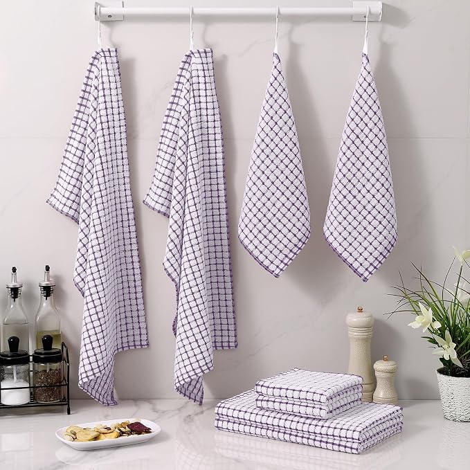 Homaxy Kitchen Towels and Dishcloths Set, 16 x 25 and 12 x 12 Inches, Set of 12 Cotton Terry Kitchen Dish Towels, Super Soft and Absorbent Dish Cloths, Purple