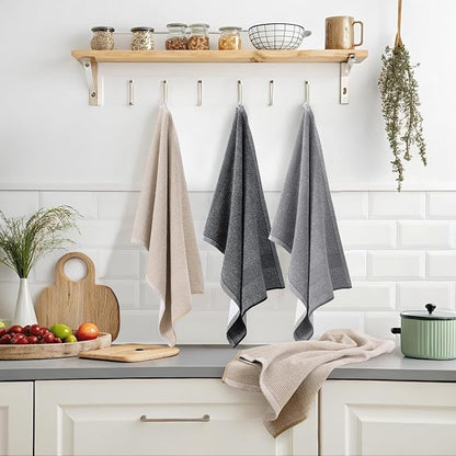 Mordimy Premium Kitchen Towels 12 Pack (18 x 28 Inches, Grey/Khaki/Black), Large Cotton Flat & Terry Kitchen Hand Towel, Super Absorbent Tea Dishtowels Set with Hanging Loop
