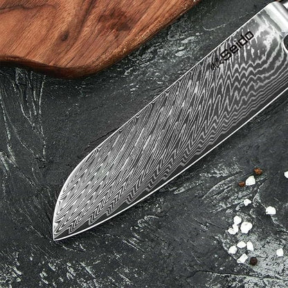 Seido Knives 7-Piece Executive Damascus Steel Knife Set with Japanese VG-10 Super Steel Core - Home Kitchen Knife Set - Professional Design Handle Blue Resin Epoxy and Strong Stabilized Wood