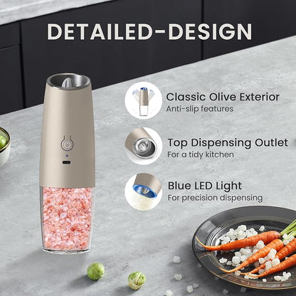 Rechargeable Salt And Pepper Grinder Set with LED Light, Automatic Electric Gravity Salt And Pepper Shakers Set, No Battery Needed, Adjustable Roughness, 2 Pack (Khaki)