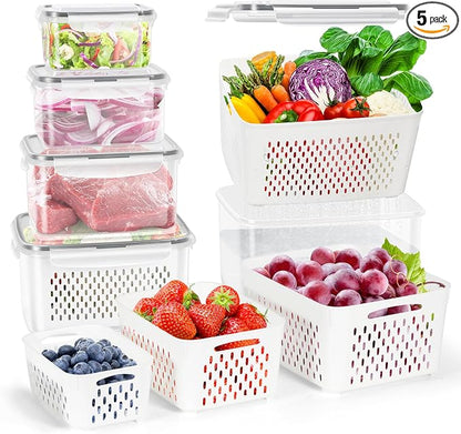 10 Pieces Fruit Storage Container for Fridge, 5 Pack Plastic Fruit Containers for Fridge with Removable Colander, Container for Fruit Berry Salad, BPA Free Kitchen Refrigerator Organizers