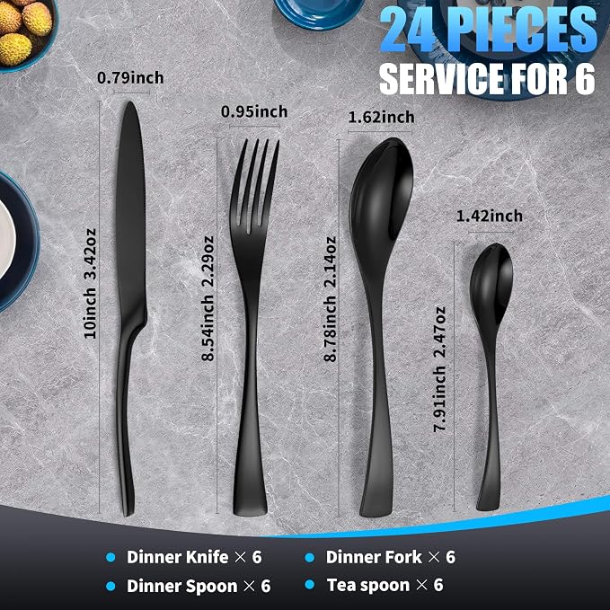 Lemeya 24 Pieces Black Silverware Set for 6,Heavy Duty 18/10 Stainless Steel Flatware Set with Forged Stand Knife,Modern Cutlery Utensil Set,Mirror Polished,Dishwasher Safe