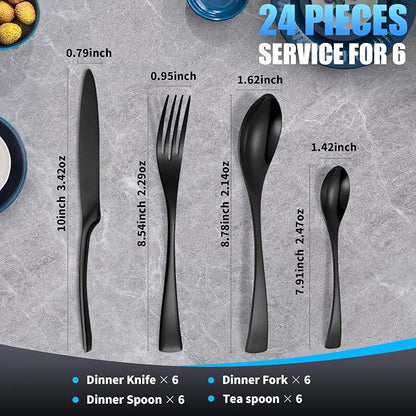 Lemeya 24 Pieces Black Silverware Set for 6,Heavy Duty 18/10 Stainless Steel Flatware Set with Forged Stand Knife,Modern Cutlery Utensil Set,Mirror Polished,Dishwasher Safe