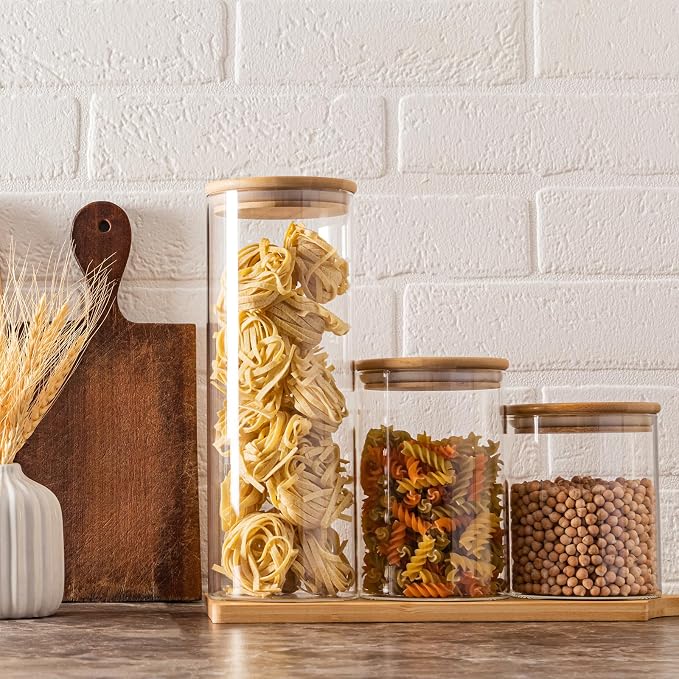 SHOWIN 15oz Glass Food Storage Jars, Glass Jars with Bamboo Lids, Kitchen Storage Jars, Set of 6, Canisters with Airtight Lids for Spice, Coffee, Cookie, Pantry Organizers