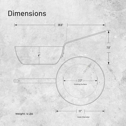 de Buyer - Blue Carbon Steel Fry Pan 2mm Thick - 11” Diameter, 7.7” Cooking Surface - Oven Safe - Naturally Non-Stick Finish - Made in France