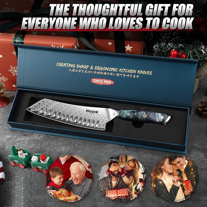 Huusk Japanese Santoku Knife 7" - Professional Chef Knife for Kitchen with Resin Handle, Stainless High Carbon Steel, Hand Sharpened All Purpose Kitchen Cooking Knives with Sheath,Men's Gift