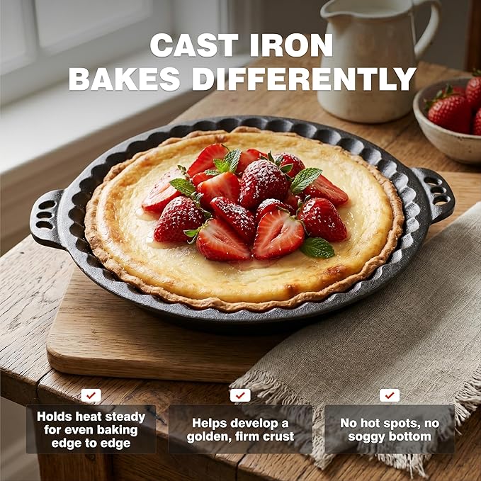 KUHA Cast Iron Pie Pan | Pre-Seasoned Round Cast Iron Pan for Apple, Pumpkin & Cherry Pies, Quiche & Tarts | For Baking & Serving | Silicone Trivet Included | 9", 2" Deep