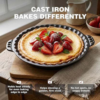 KUHA Cast Iron Pie Pan | Pre-Seasoned Round Cast Iron Pan for Apple, Pumpkin & Cherry Pies, Quiche & Tarts | For Baking & Serving | Silicone Trivet Included | 9", 2" Deep