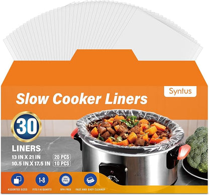 Syntus 30 Count Slow Cooker Liners, 20 Pcs 13" x 21" and 10 Pcs 10.5" x 17.5" Fits 1-8 Quart Pots BPA-free Disposable Cooking Bags Suitable for Oval & Round & Retangular Slow Cookers