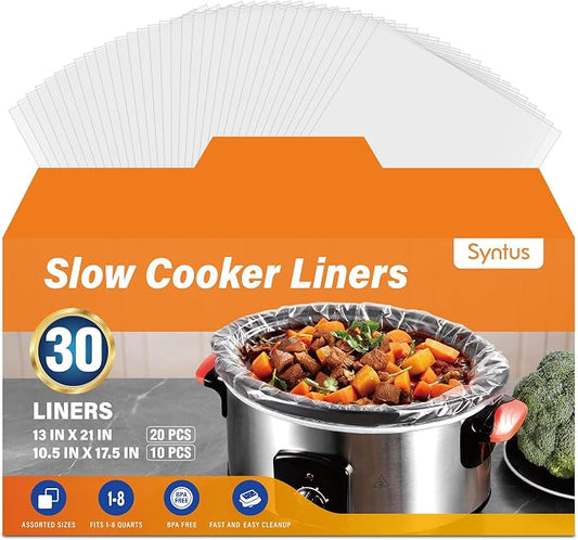 Syntus 30 Count Slow Cooker Liners, 20 Pcs 13" x 21" and 10 Pcs 10.5" x 17.5" Fits 1-8 Quart Pots BPA-free Disposable Cooking Bags Suitable for Oval & Round & Retangular Slow Cookers