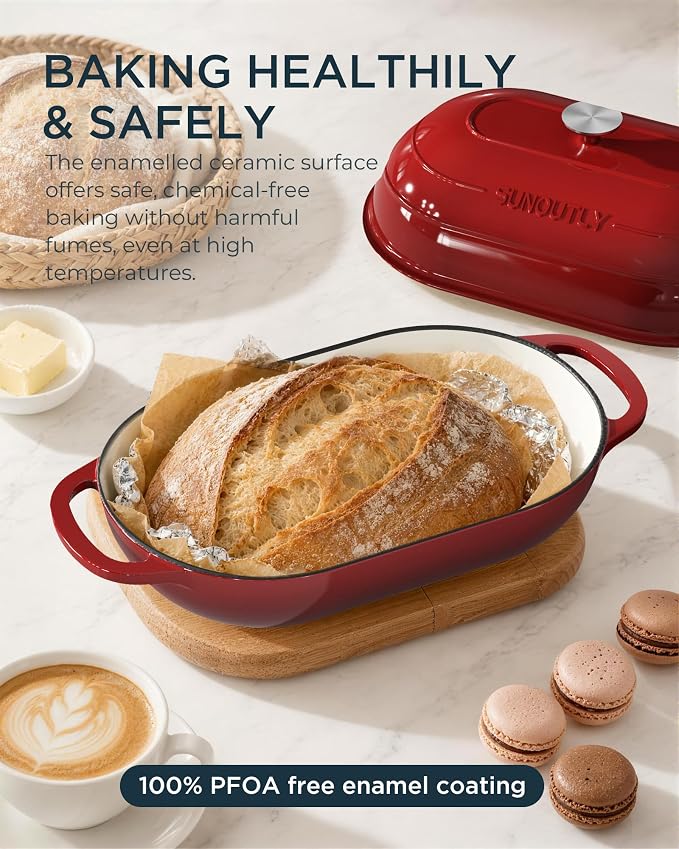 Enameled Cast Iron Bread Oven, 5QT Cast Iron Dutch Oven for Homemade Sourdough Bread Baking, Oval Bread Pot with Dome Lid & Cotton Potholders, Cherry Red