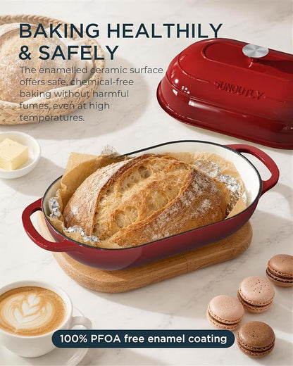 Enameled Cast Iron Bread Oven, 5QT Cast Iron Dutch Oven for Homemade Sourdough Bread Baking, Oval Bread Pot with Dome Lid & Cotton Potholders, Cherry Red