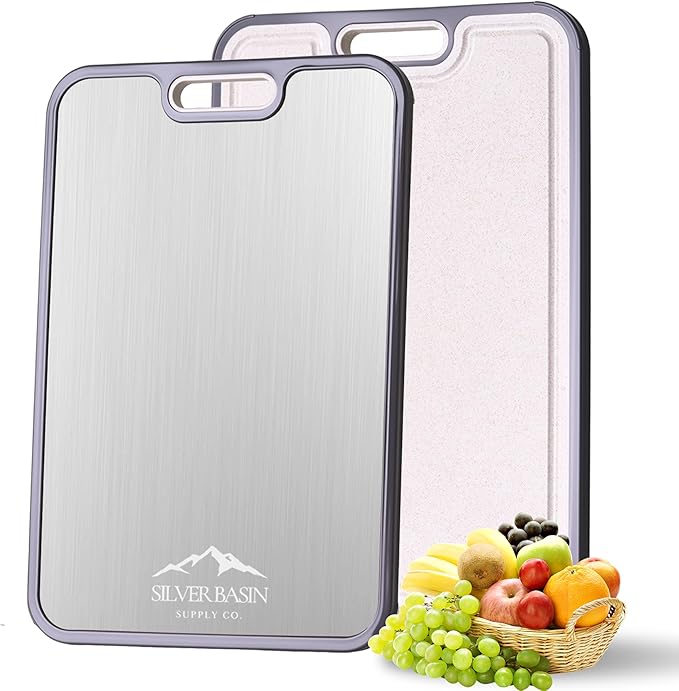 Dual-Sided Titanium Cutting Board with Wheat Straw PP Side for Kitchen, Medium Compact Non-Slip Chopping Board 15.2 x 10.5 inch