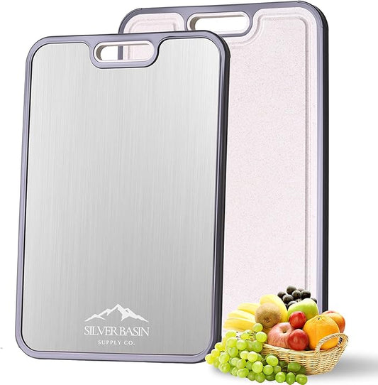 Dual-Sided Titanium Cutting Board with Wheat Straw PP Side for Kitchen, Medium Compact Non-Slip Chopping Board 15.2 x 10.5 inch