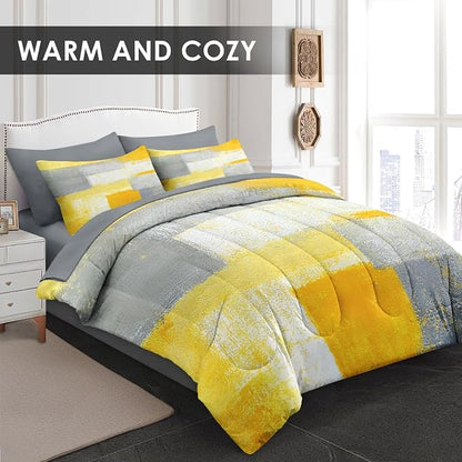 Pamnest Comforter Set Queen Size, Grey Yellow Painting Gray 7 Pcs Bedding for Kids and Adults, Office Contemporary Abstract Bed Sheet Sets with Fitted Sheet 2 Pillowcase & 2 Sham for Bedroom Bed Decor