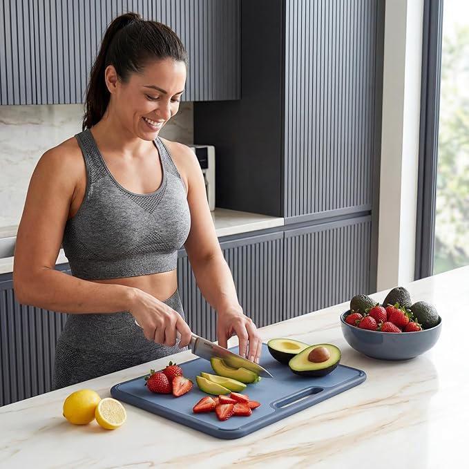 SMIRLY Plastic Cutting Board Set with Holder, Non-Slip Chopping Boards for Kitchen, Dishwasher Safe, Essential Kitchen Gadgets, 3 Pack, Blue