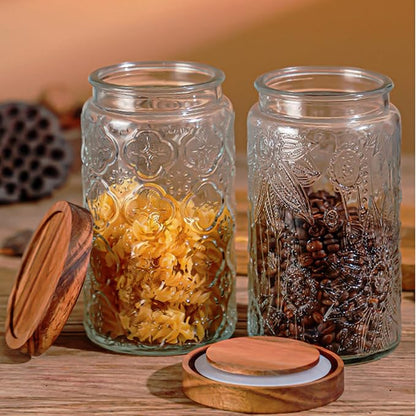34 OZ/2 PCS Glass Storage Jar with Airtight Bamboo Wooden Lids, Vintage Food Containers Canisters Sets for Kitchen Counter Pantry, Sugar, Flour, Candy, Tea, Coffee Beans, Oats, Grain Bin, Pasta,