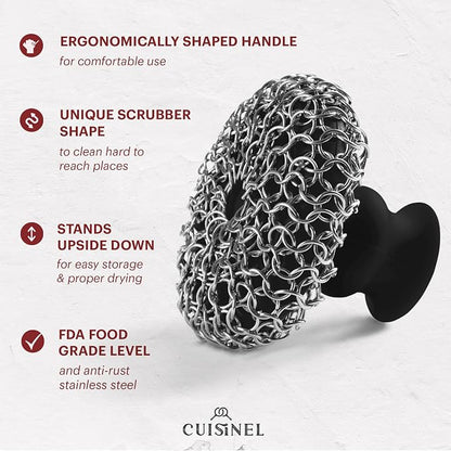Cuisinel Cast Iron Chainmail Scrubber + Pan Scraper - Deluxe Ergonomic Stainless and Silicone Cleaner for Pots and Skillets - Food-Safe Design - Easy to Clean Dishwasher Safe Cookware Sponge Accessory