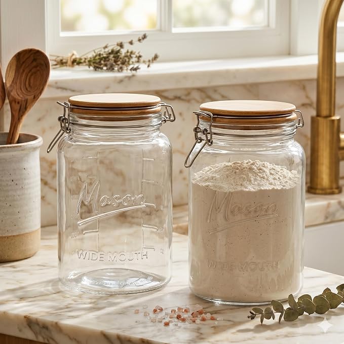 kitchentoolz 1 Gallon Mason Jars Wide Mouth with Airtight Bamboo Lid – 1 Gallon Glass Jar with Lid – Large Mason Jars with Lids for Kitchen Pantry, Storage, and Canning