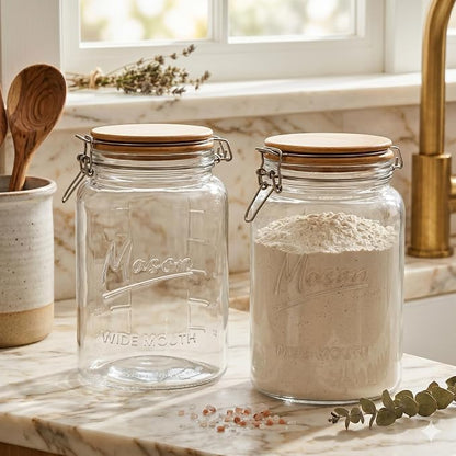 kitchentoolz 1 Gallon Mason Jars Wide Mouth with Airtight Bamboo Lid – 1 Gallon Glass Jar with Lid – Large Mason Jars with Lids for Kitchen Pantry, Storage, and Canning
