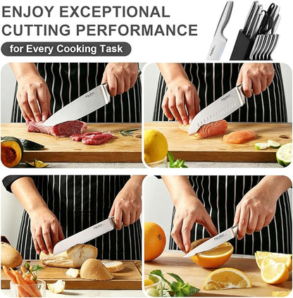 FIKSHOT Kitchen Knife Set, German Stainless Steel kitchen knives – Includes Knife Block Set & Sharpener, High Carbon, Rust-Resistant, Ergonomic Handle for Cooking, Grilling & Gifting
