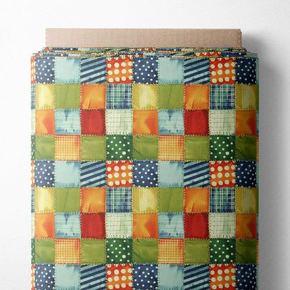 Patchwork Cotton Fabric Panel 61 x 36.6 Inches, Colorful Geometric Squares Quilt Style, 100% Cotton 140 GSM, Sewing Quilting Craft Fabric