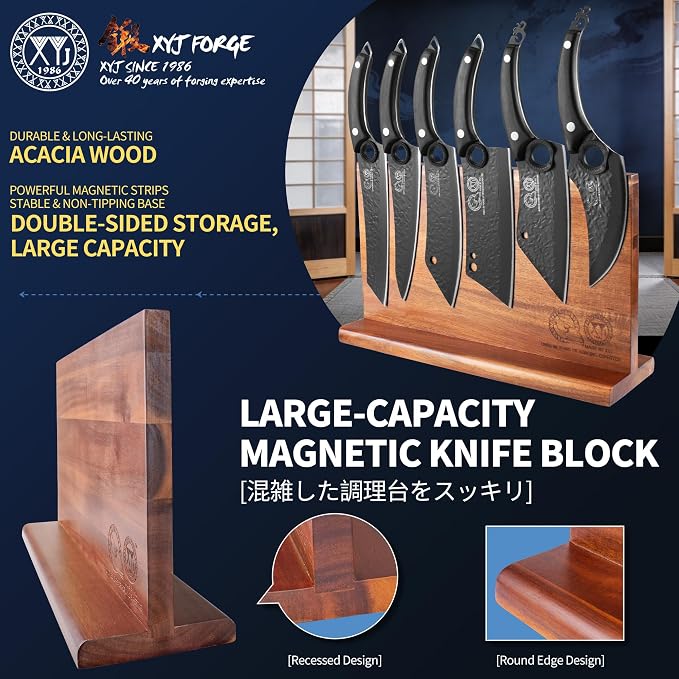 XYJ Kitchen Knife Block Set, 10 Pieces | Full Tang Knives, Wooden Magnetic Knife Block, Includes Honing Steel, Gloves, Peeler, Scissors