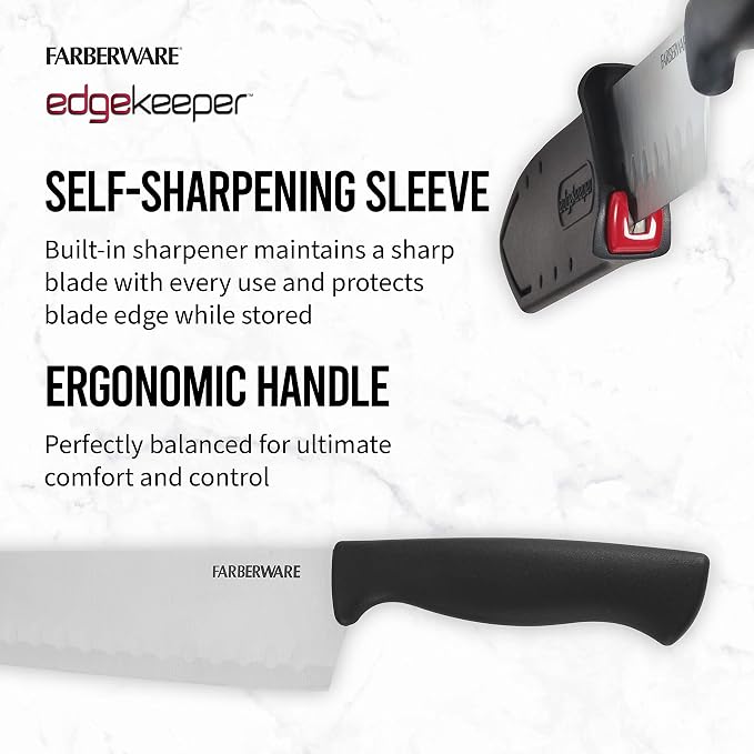 Farberware Edgekeeper 5-Inch Santoku Knife with Self-Sharpening Blade Cover, High Carbon-Stainless Steel Kitchen Knife with Ergonomic Handle, Razor-Sharp Knife, Black