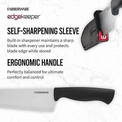 Farberware Edgekeeper 5-Inch Santoku Knife with Self-Sharpening Blade Cover, High Carbon-Stainless Steel Kitchen Knife with Ergonomic Handle, Razor-Sharp Knife, Black