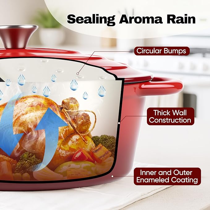 Oval Dutch Oven for Bread Baking, 4.5 Quart Non Stick Enameled Cast Iron Dutch Oven Pot with Lid, Oven Safe Oval Casserole with Lid up to 500°F for Baking, Braising, Stews, Roasting (Red)