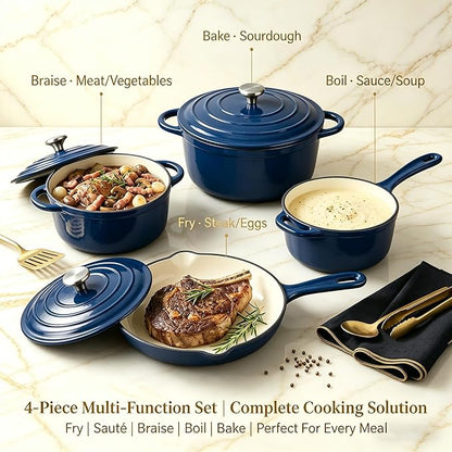 QuliMetal Enameled Cast Iron Cookware Set, 4-Piece Pots and Pans Set with Lids, 10.25" Skillet, 2QT Saucepan, 2.8QT & 4.8QT Dutch Ovens, Oven Safe to 500°F, All Stovetops Compatible - Navy Blue